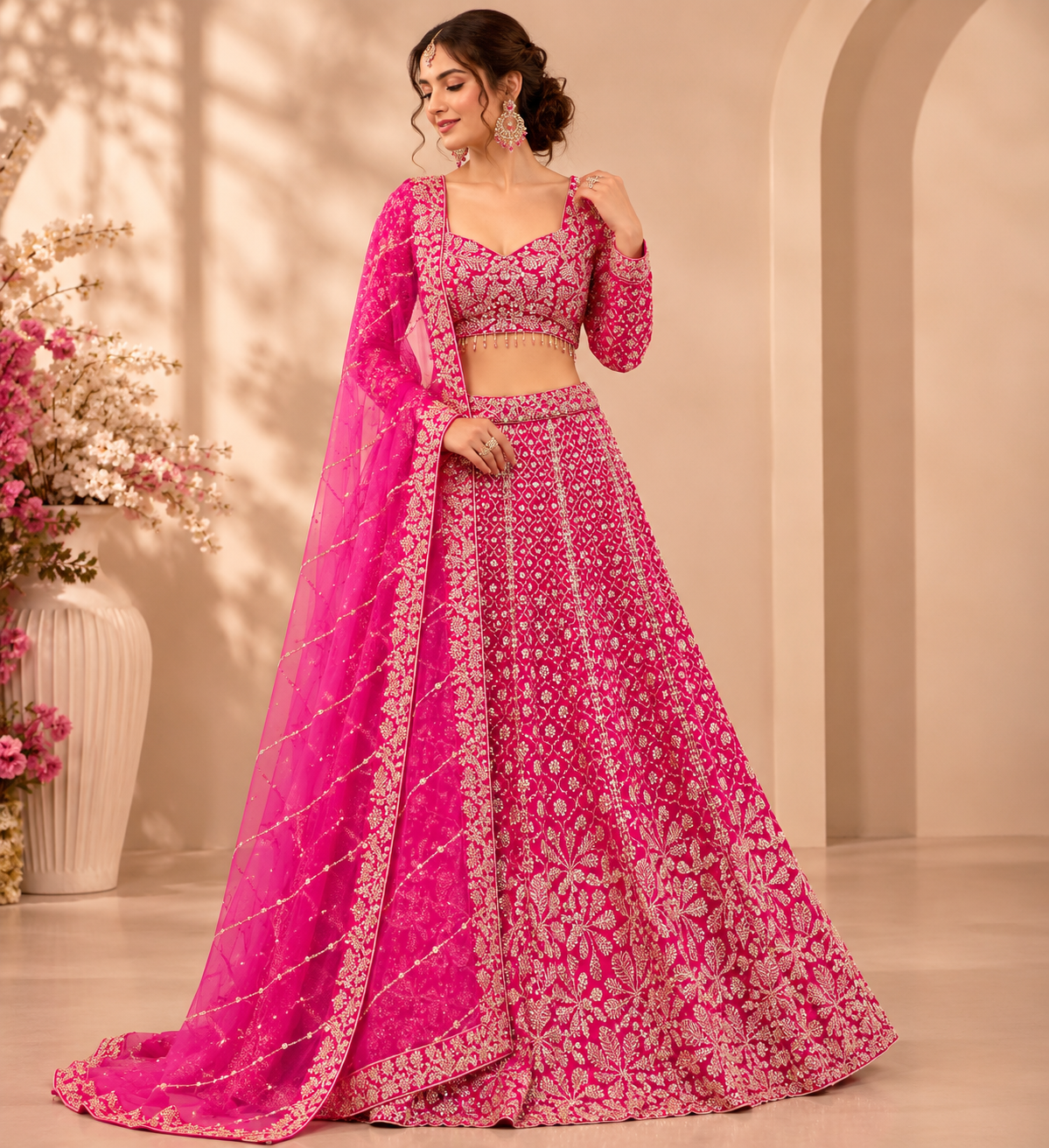Rani Pink Bridal Embroidered Lehenga Set with Net Dupatta